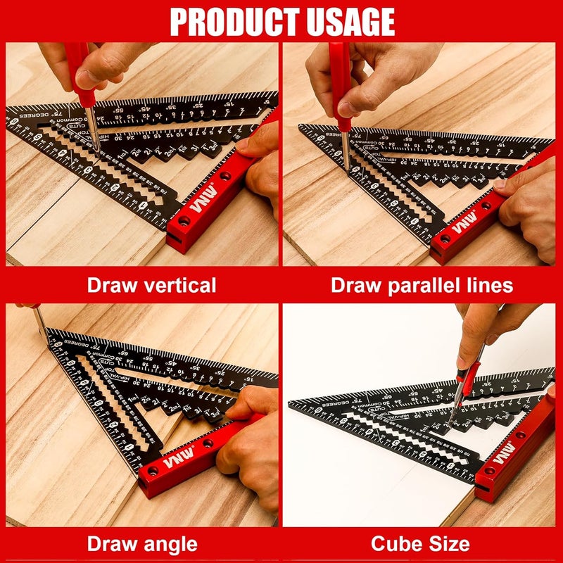 VNW 7inch Rafter Square with Carpenter Pencil, 1/8" Precision Heavy Duty Aluminum Woodworking Rule,Triangle Ruler Measuring Layout Tool (Black, Rafter Square) - Image 4